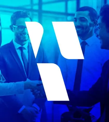 two business partners shaking hands with dark blue overlay